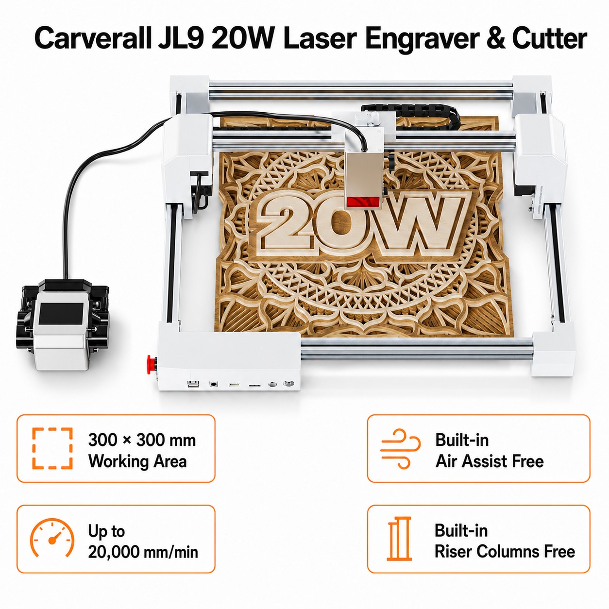 Industrial Laser Engraver - เครื่องแกะสลักเลเซอร์ Carverall JL9 20W, เครื่องแกะสลักเลเซอร์แบบตั้งโต๊ะขนาด 300x300